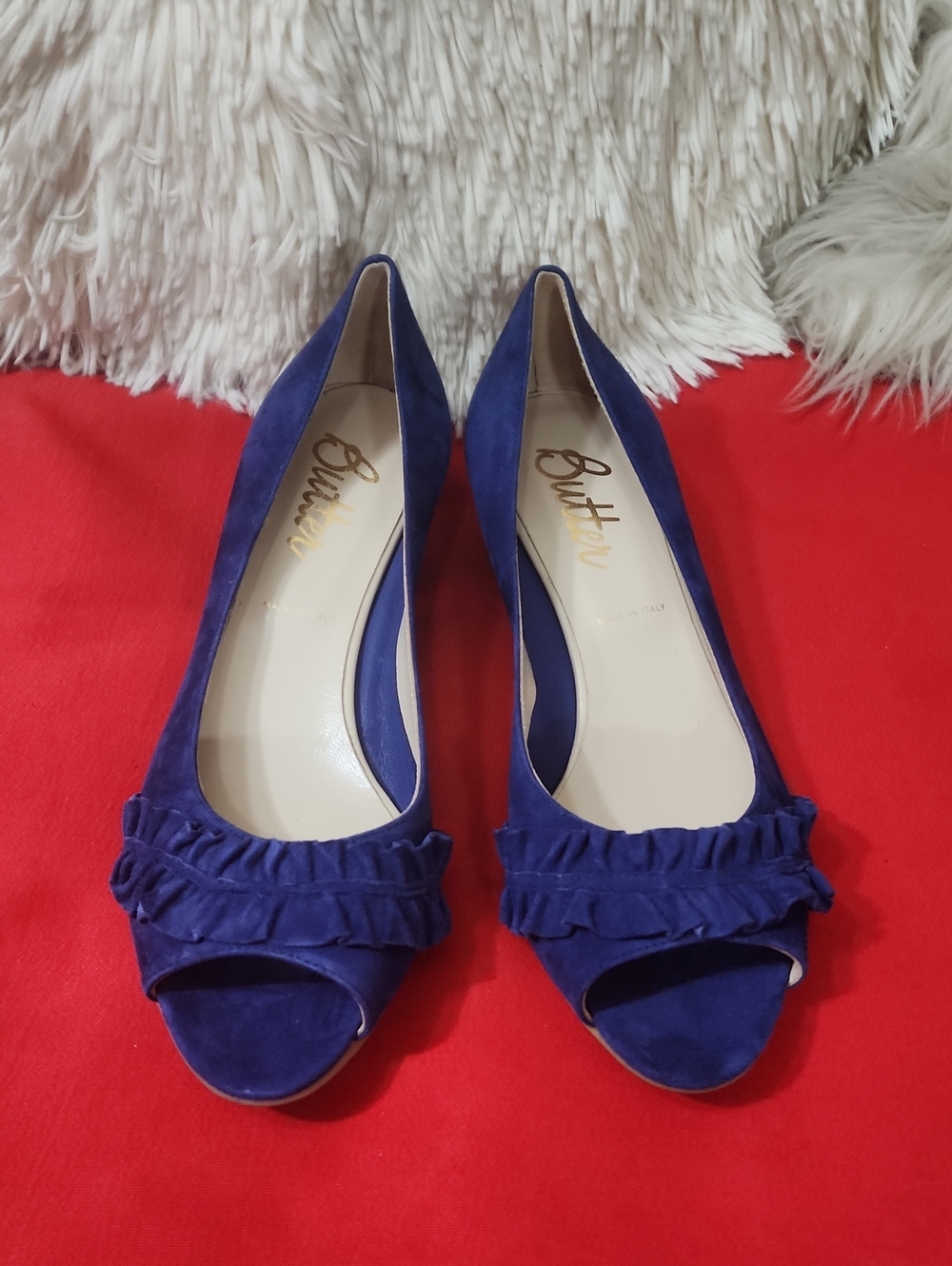 Butter Royal Blue Suede Peep-Toe Pumps with Ruffle Detail